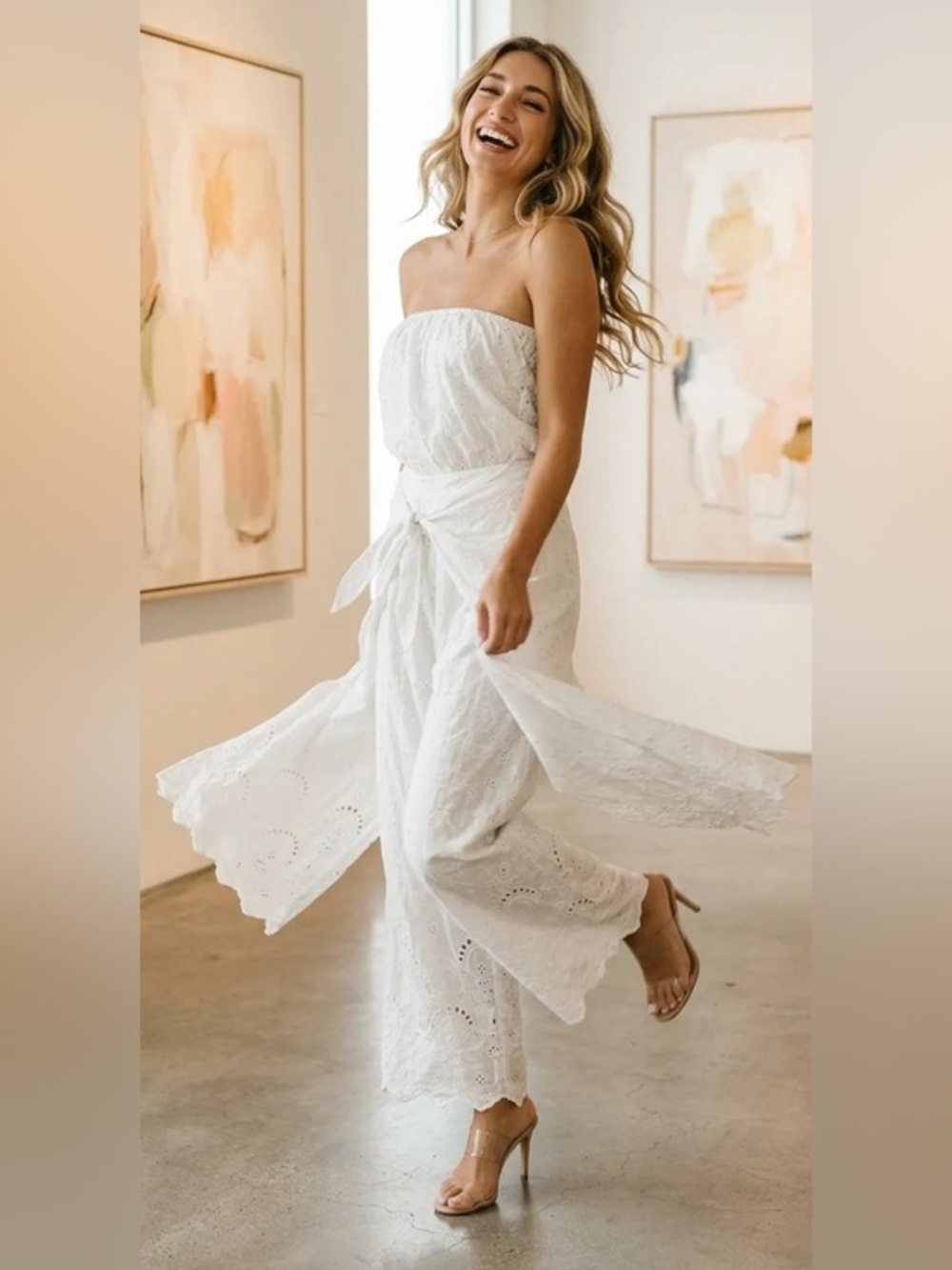 Y F B Ellis Sz M Eyelet Strapless Palazzo Jumpsuit BohoChic Resort Fairycore